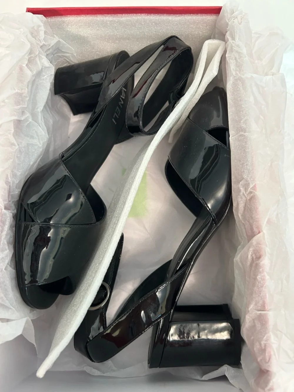 Vaneli Leah Black Patent Leather Block Heel Ankle Strap Sandals NIB